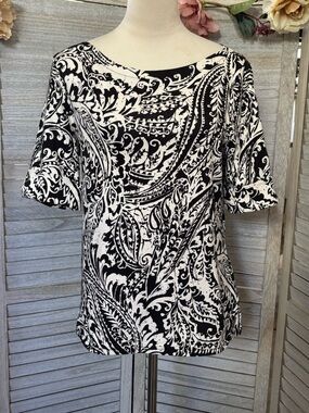 LAUREN by Ralph Lauren Women’s SZ LG Black & White Short Sleeve Paisley/Baroque